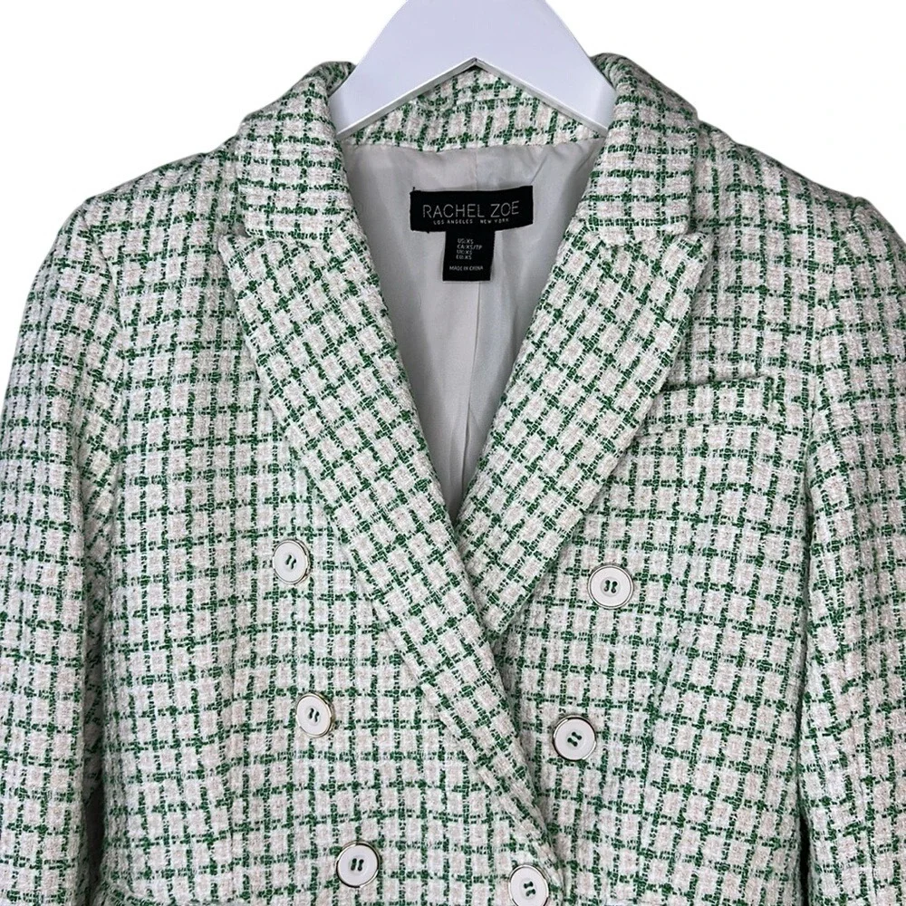 Rachel Zoe Green White Tweed Notch Collar Double Breasted Blazer Jacket Size XS - Picture 3 of 13